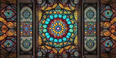 A stained glass window with a flowery design photo