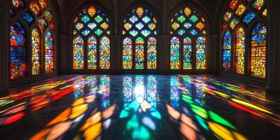 A large stained glass window with many colors photo