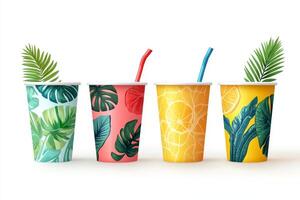 Colorful Tropical Drink Cups with Leaf Patterns and Straws on White Background photo