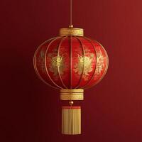 A red lantern with gold trim hanging from a hook photo