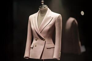 A mannequin wearing a pink jacket with a gold button photo