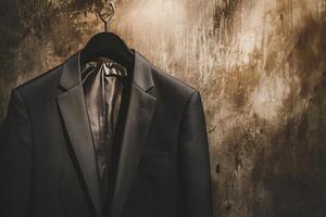 A man's suit is hanging on a hook photo