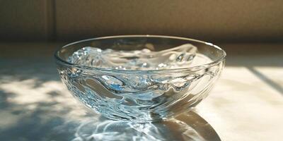 Elegant Glass Bowl with Intricate Swirl Design Reflecting Sunlight on a Minimalist Surface photo