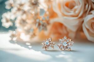 Stunning rose gold earrings featuring sparkling crystals, beautifully paired with soft floral elements, creating an elegant and romantic atmosphere perfect for any occasion. photo