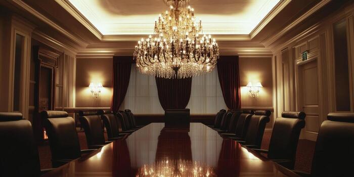 A large room with a chandelier hanging from the ceiling. The room is filled with black chairs and a long table. The room is well lit and has a formal atmosphere photo