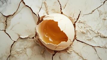 Close up of a cracked egg on a marble surface, showcasing the yolk and shell fragments in detail. photo