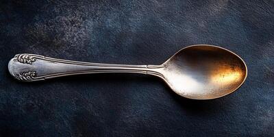 A close up of a vintage silver spoon with intricate details, set against a dark textured background, illuminated by warm light. photo