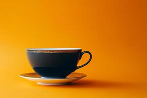 A black coffee cup sits on a white saucer on a yellow background photo