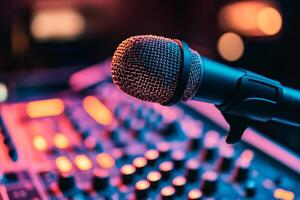 A microphone is on a sound board with a red and purple background. The microphone is black and silver photo
