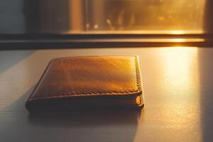 A tan leather wallet is laying on a table. The wallet is open and has a zipper. The wallet is sitting in front of a window photo