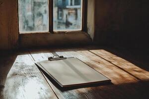 A clipboard is sitting on a wooden table. The clipboard is empty. The table is in a room with a window photo