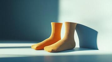 A pair of yellow socks displayed in a sunlit room, casting soft shadows on a light blue background, showcasing minimalist design. photo