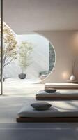 A serene minimalist interior with a large circular window, offering a peaceful garden view, embodying modern Zen aesthetics. photo