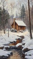 Serene winter scene featuring a rustic log cabin surrounded by snow covered trees and a tranquil stream. photo