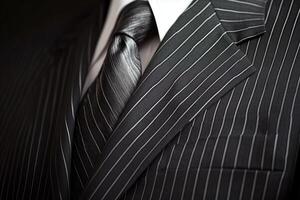 A man in a black and white striped suit and tie is the main focus of the image photo