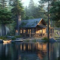 A charming wooden cabin nestled by a tranquil lake surrounded by lush forest, bathed in gentle morning light. photo
