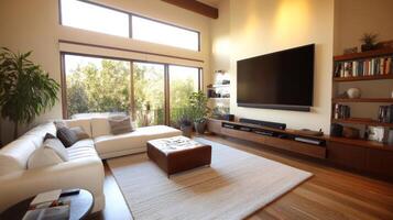 A spacious living room with a white couch, a brown ottoman, and a large flat screen TV. The room is filled with natural light from the large windows photo
