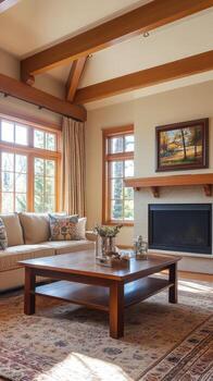 A living room with a fireplace and a couch. A coffee table is in the middle of the room photo