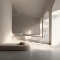 This image showcases a serene minimalist interior designed for tranquility, featuring soft curves and natural light creating a peaceful atmosphere. photo