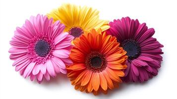 Bright and colorful close up of four gerbera daisies in pink, yellow, orange, and purple, isolated on a white background. photo