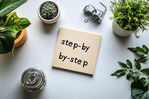 This image showcases a step by step guide on a clean workspace, featuring plants, glasses, and accessories, perfect for startup inspiration and organization. photo