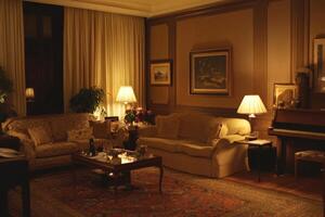 A warm, vintage living room featuring classic furniture, elegant decor, and ambient lighting for a cozy evening atmosphere. photo
