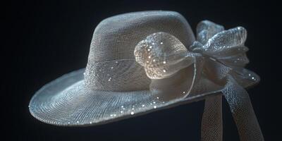 Stunning white hat featuring a sheer bow and sparkling detailing, perfect for special occasions or fashion shoots. Highlights elegance and style in any setting. photo