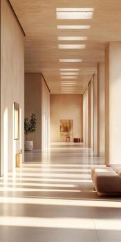 A bright and serene interior of an art gallery featuring minimalist design, natural light, and spacious layout ideal for art presentations and exhibitions. photo