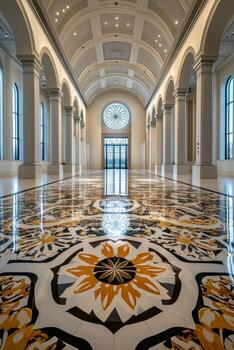 This image showcases an elegant art gallery featuring a stunning repeating pattern on a polished floor, highlighting the grandeur and beauty of the architectural design. photo