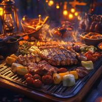 A vibrant display of grilled meat and colorful vegetables on a rustic barbecue. Perfect for summer evenings, showcasing delicious flavors and outdoor dining. photo