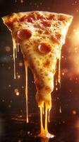 A close up of a dripping pepperoni pizza slice showcases melted cheese and savory goodness, tempting any pizza lover with its rich flavors and golden crust. photo