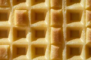 This close up image showcases the detailed texture of a golden waffle, highlighting its perfectly defined squares and inviting appearance, ideal for culinary projects. photo