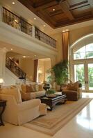 Luxurious Modern Living Room with Elegant Furniture and Grand Staircase in Spacious Home Interior photo