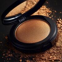A close up view of a glossy bronze powder compact with shimmer reflecting on a dark background, perfect for beauty and makeup themes. photo