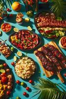 Colorful Table with Grilled Food, Vegetables and Fresh Ingredients photo