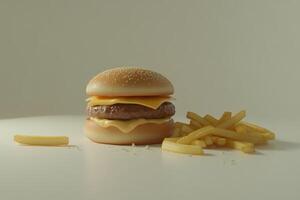 Realistic Cheeseburger and French Fries on Plain Background photo