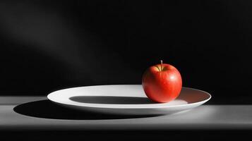 Fresh Red Apple on a White Plate Against a Dramatic Black Background with Soft Lighting photo