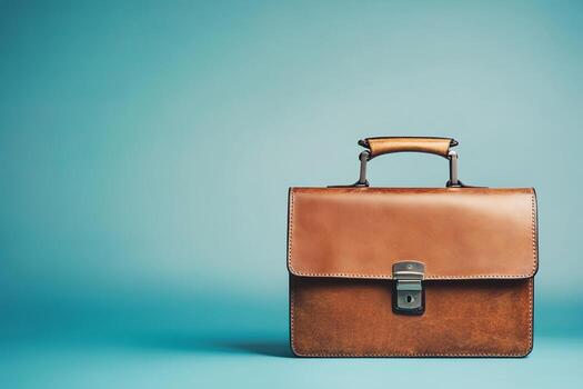 Elegant Leather Briefcase on Minimalist Blue Background for Professional and Business Use photo