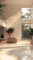 Modern Minimalist Living Room with Large Windows and Indoor Plants Bathed in Natural Sunlight photo