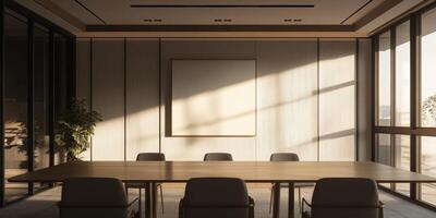 A large conference room with a white board on the wall photo