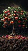 Apple Tree with Red Fruits Against Dark Background and Soil photo