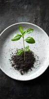 Fresh Green Basil Plant Growing in Dark Soil on White Plate photo