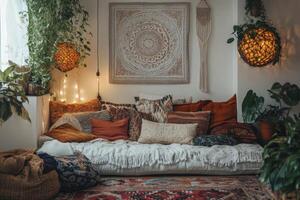Cozy Bohemian Living Room with Cushions and Plants in Natural Light photo