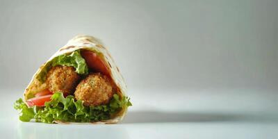 Crispy Vegetable Wrap with Fresh Lettuce and Tomato on Light Background photo