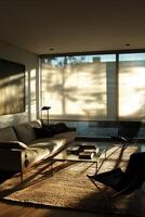 Cozy Modern Living Room with Sunlit Interior Featuring Minimalist Furniture and Large Windows photo