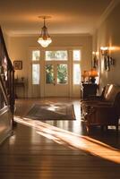 Sunlit Vintage Interior Hallway with Elegant Furniture and Wooden Flooring in a Classic Home Setting photo