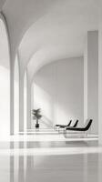 A white room with a plant and three black chairs photo