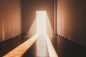 This stunning minimalist art gallery features a dramatic interplay of light and shadow, with beams illuminating the space through an open door, creating a serene atmosphere. photo