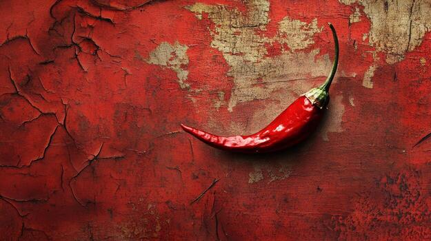 A striking red chili pepper lies on a rustic, weathered red backdrop, showcasing its vibrant color and unique shape. Ideal for culinary themed visuals. photo
