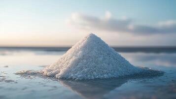A close up view of a white salt pile on a wet surface, reflecting the serene blue sky and soft clouds at sunrise, capturing the purity and natural beauty of salt. photo